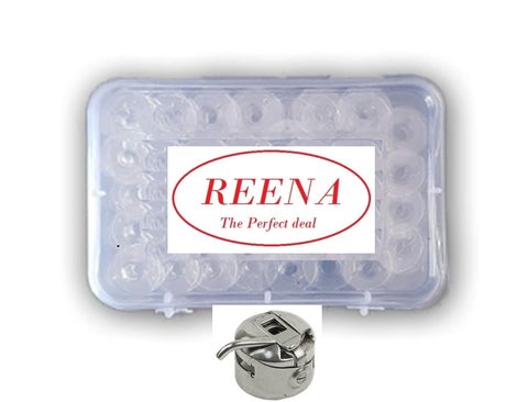 REENA Combo of Sewing Machine Bobbin 35 Pcs and 1 Bobbin case with Plastic Case Transparent Color Suitable for All Front Loading Domestic Sewing Machines Like Usha Janome Brother Singer etc White
