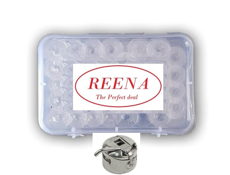 REENA Combo of Sewing Machine Bobbin 35 Pcs and 1 Bobbin case with Plastic Case Transparent Color Suitable for All Front Loading Domestic Sewing Machines Like Usha Janome Brother Singer etc White