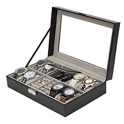 Divinext Leather Wrist Watch Box Organizer 8 -Slot with Jewelry Organizer, 30 X 20 X 8 CM, Black - Image 1