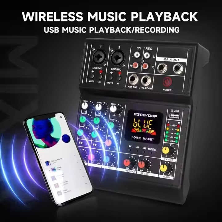 kh Digital Audio Mixer 4 Channel Mini DJ Controller USB/BT Portable Audio Interface with Sound Effects with Bt, USB Interface Studio/Live Recording Mixer for PC, Laptop Black - Image 4