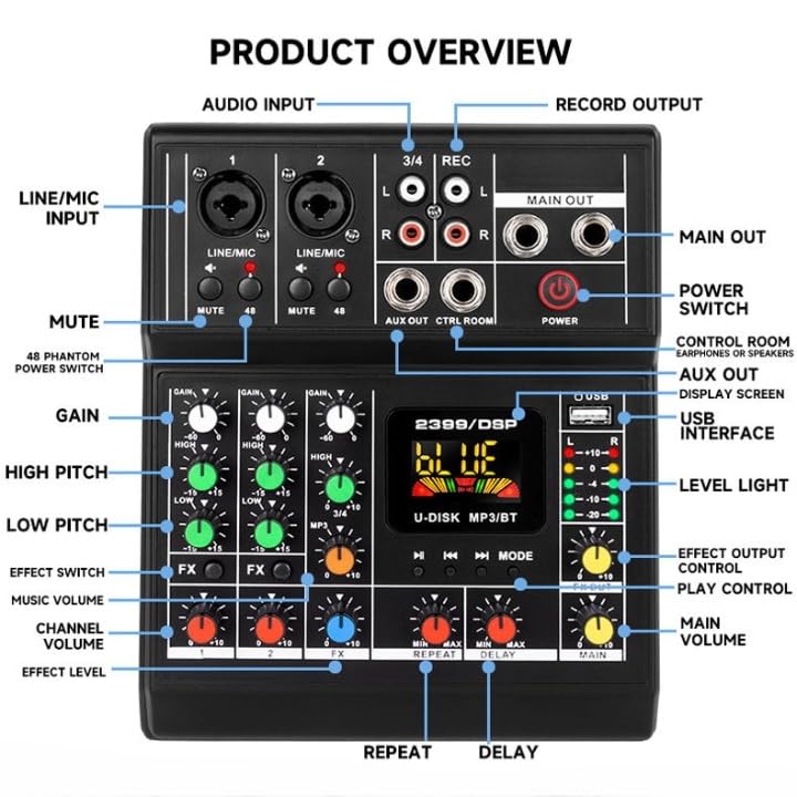 kh Digital Audio Mixer 4 Channel Mini DJ Controller USB/BT Portable Audio Interface with Sound Effects with Bt, USB Interface Studio/Live Recording Mixer for PC, Laptop Black - Image 3