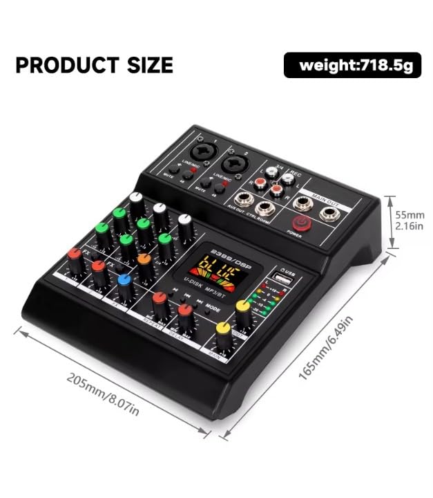 kh Digital Audio Mixer 4 Channel Mini DJ Controller USB/BT Portable Audio Interface with Sound Effects with Bt, USB Interface Studio/Live Recording Mixer for PC, Laptop Black - Image 2
