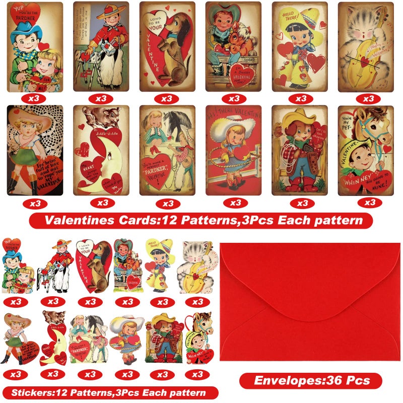 Yinder 36 Pack Vintage Valentines Day Card with Envelopes for Kids Mini Valentine's Day Greeting Cards Assortment for Exchange School Classroom Prize Gifts (Cowboy Style) - Image 2