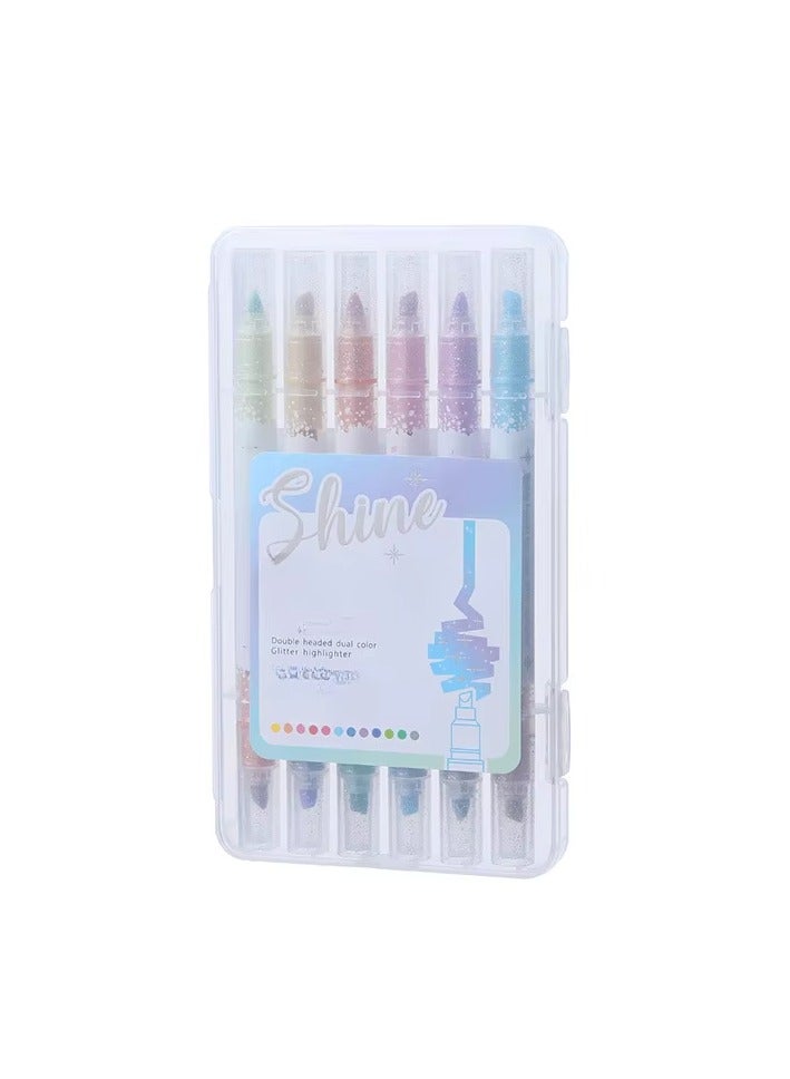 Shine 6pcs Glitter Dual-Tip Highlighters, 12 Vibrant Colors, Eye-Safe Pastel Glitter Pens for Notetaking and Art - Image 1