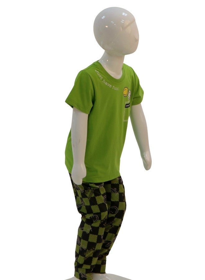 JOANNA JOANNA Boy's Just Have Fun Print Short Sleeve Shirt & Long Pants Pajama Set, Green - Image 4