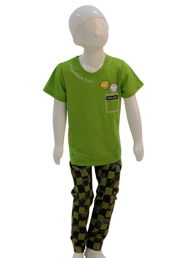 JOANNA JOANNA Boy's Just Have Fun Print Short Sleeve Shirt & Long Pants Pajama Set, Green - Image 1