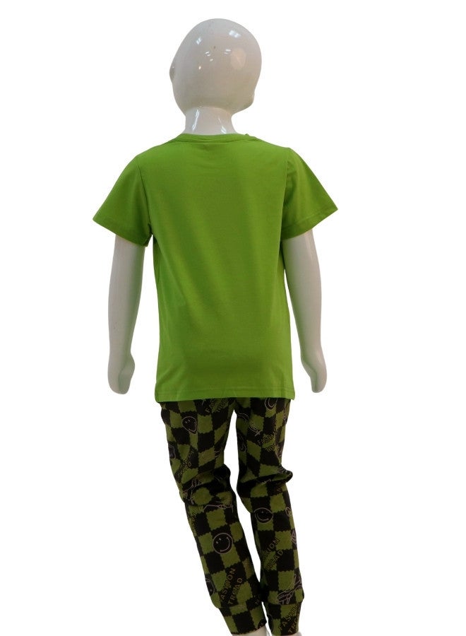 JOANNA JOANNA Boy's Just Have Fun Print Short Sleeve Shirt & Long Pants Pajama Set, Green - Image 5