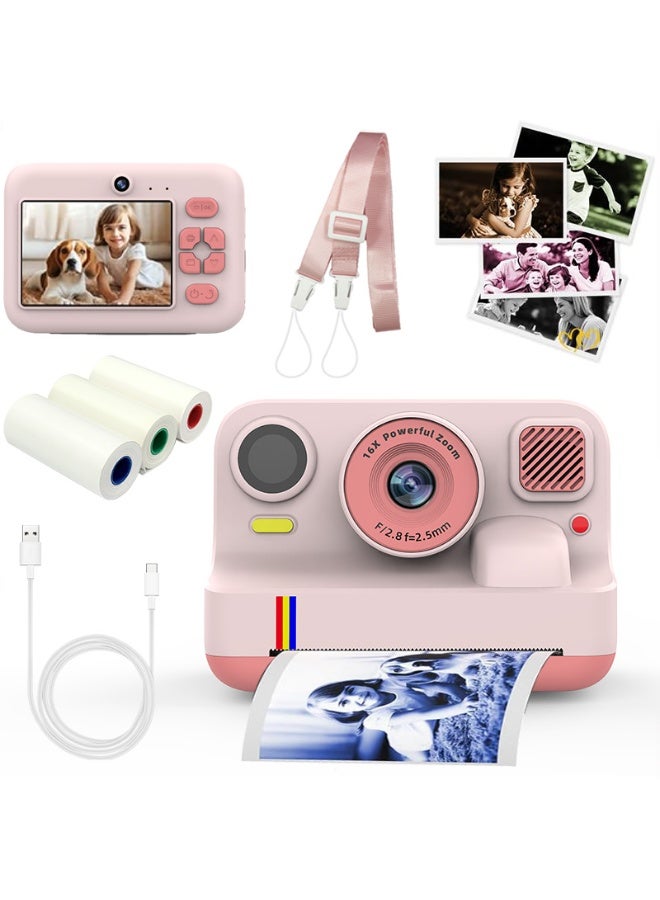 Toy Camera,HD-Retro Instant Print Camera for Kids – Black & White Photo Prints, Built-in Mini Games, Great for Everyday Fun, Travel & Holiday Gifts, Includes 3 Paper Rolls, USB Cable & Lanyard, Pink - Image 2
