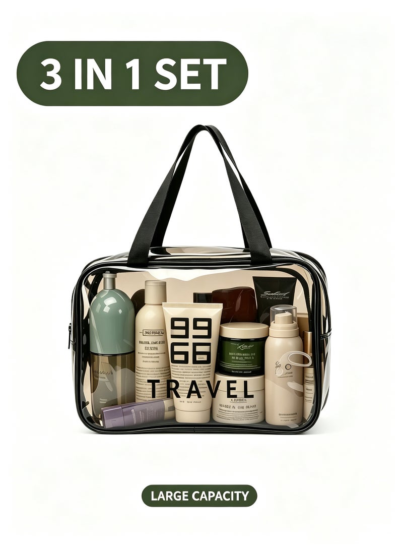 3PCS 3 IN 1 Set Transparent PVC Waterproof Travel Toiletry Bag, Portable Makeup Cosmetic Organizer Storage Bag for Travel Essential - Image 1