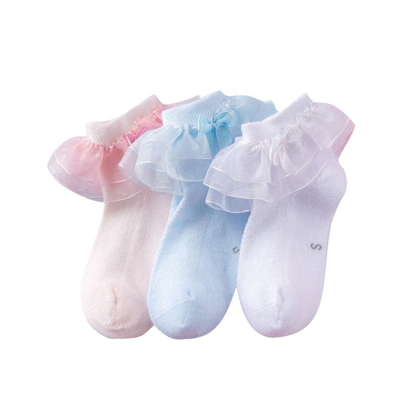 DoMii Toddlers Girls Socks with Ruffles Baby Lace Ankle Socks with Bowknot Eyelet Frilly Mesh Socks 3-Pack blue white and pink S(2-4T) - Image 1
