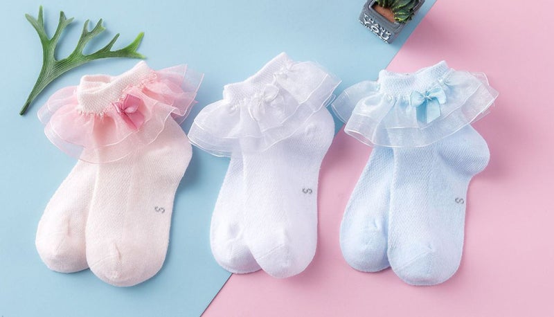 DoMii Toddlers Girls Socks with Ruffles Baby Lace Ankle Socks with Bowknot Eyelet Frilly Mesh Socks 3-Pack blue white and pink S(2-4T) - Image 2