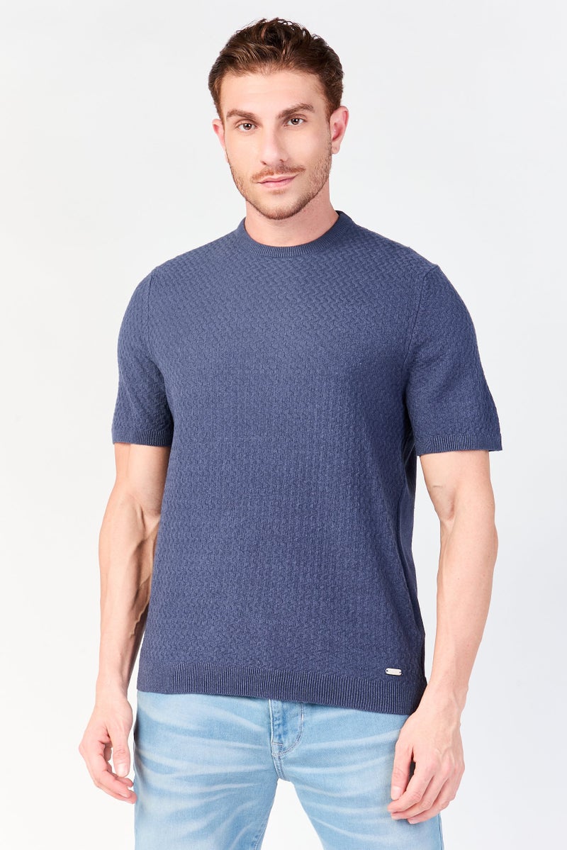 Threadbare تي شيرت قصير الأكمام للرجال بياقة دائرية منسوج، أزرق - Image 1