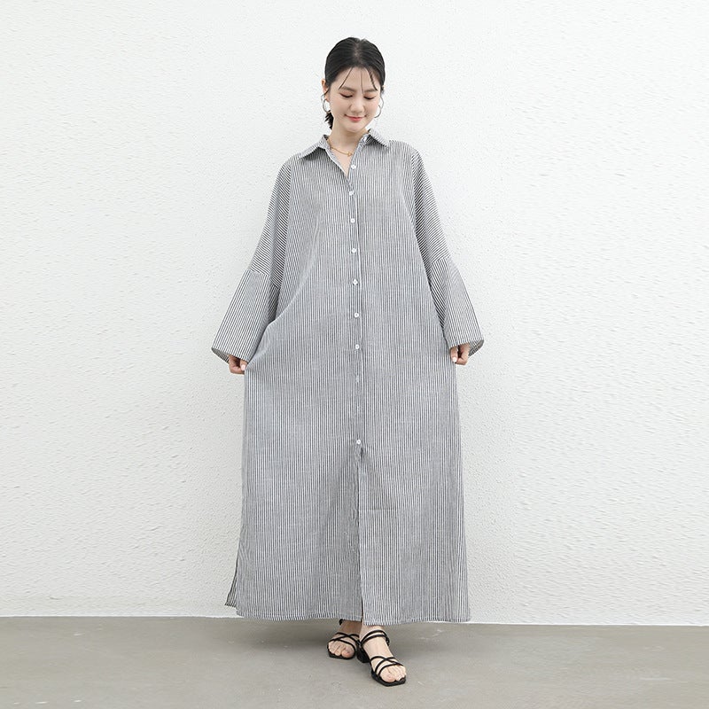 Early spring Japanese style loose long-sleeved striped cotton and linen lapel shirt dress spring and autumn Korean style over-the-knee ultra-long dress Black and white stripes