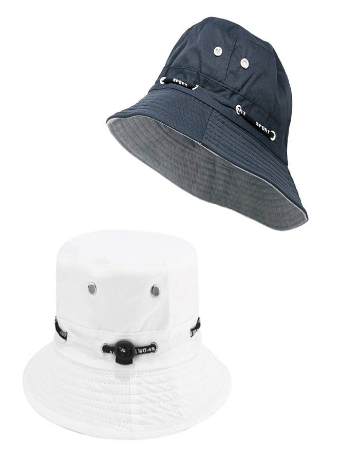 Krystle Solid Unisex Bucket Hat Sport Round Brim Boonie Bush Safari Fishing Hiking Cap Summer-(White & Black)-(Pack of 02) - Image 1