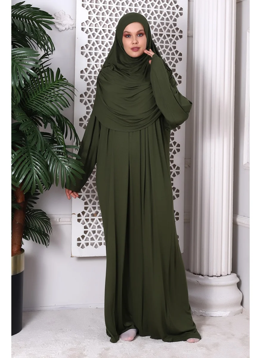 İhvan Online One Piece Practical Prayer Dress with Headscarf and Robe 8015 Khaki