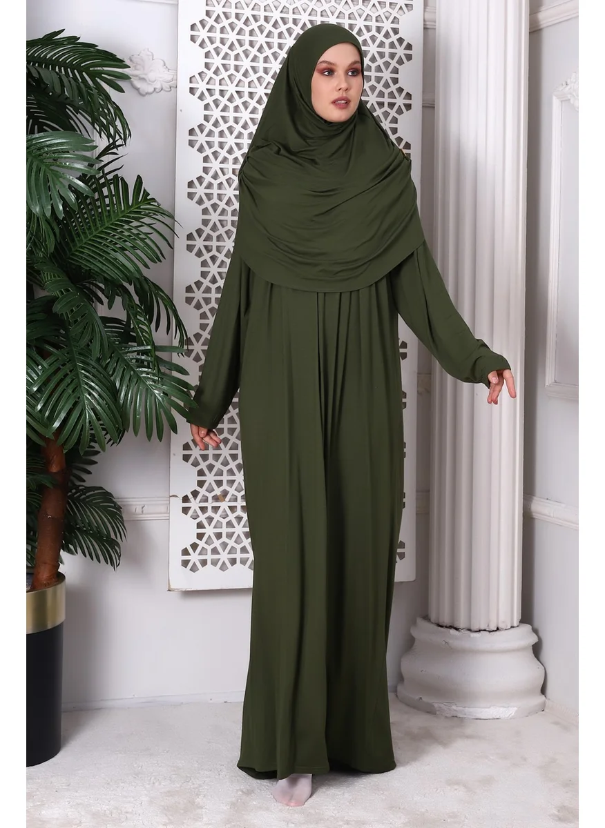 İhvan Online One Piece Practical Prayer Dress with Headscarf and Robe 8015 Khaki