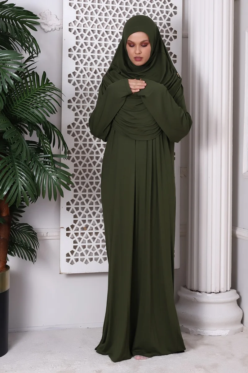İhvan Online One Piece Practical Prayer Dress with Headscarf and Robe 8015 Khaki