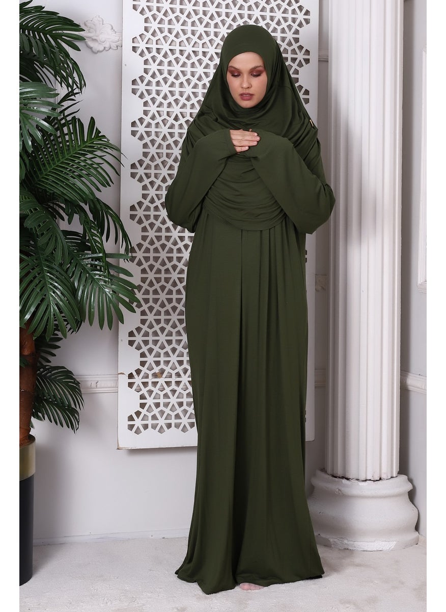 İhvan Online One Piece Practical Prayer Dress with Headscarf and Robe 8015 Khaki  - Image 3
