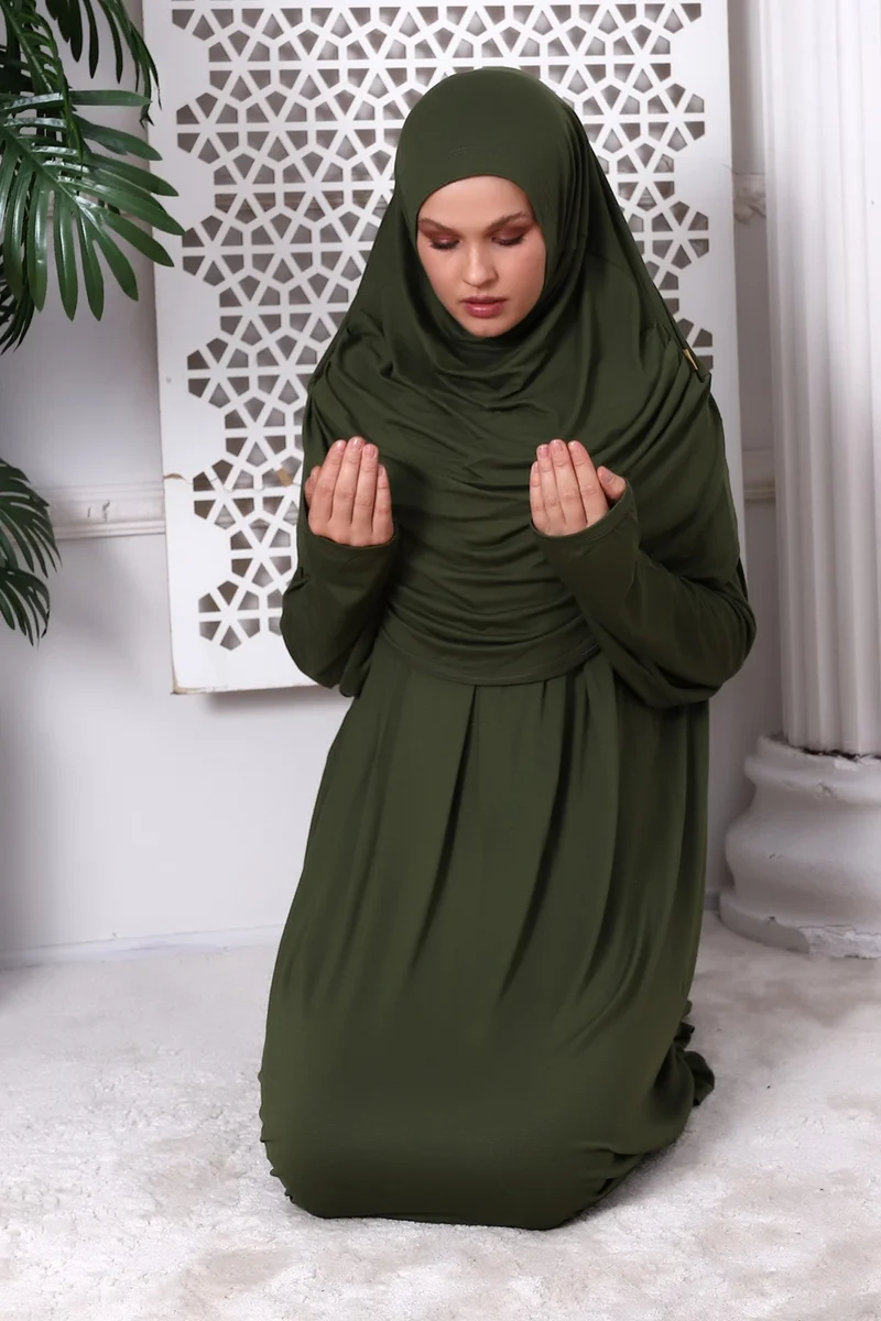 İhvan Online One Piece Practical Prayer Dress with Headscarf and Robe 8015 Khaki