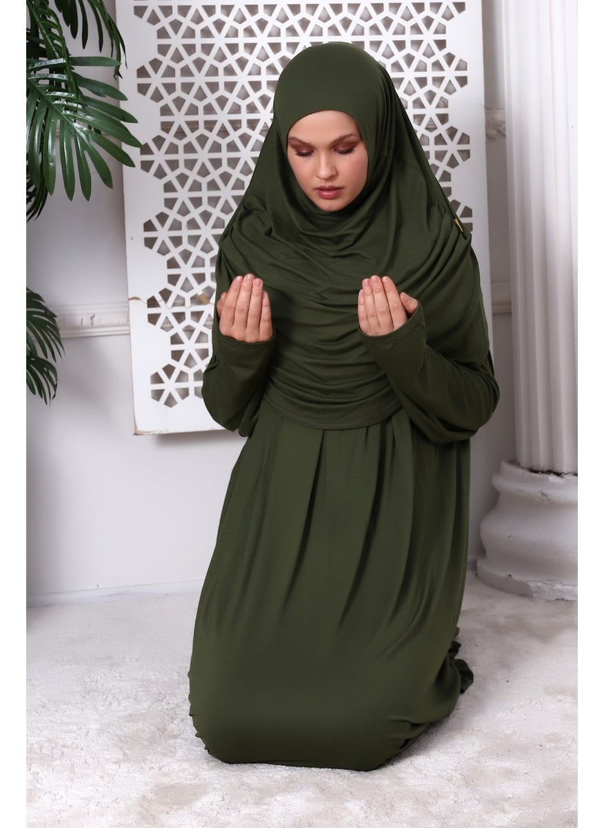 İhvan Online One Piece Practical Prayer Dress with Headscarf and Robe 8015 Khaki  - Image 5