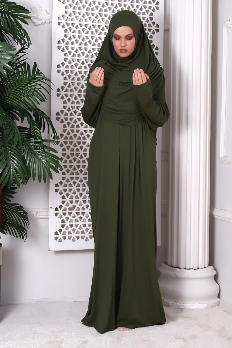 İhvan Online One Piece Practical Prayer Dress with Headscarf and Robe 8015 Khaki