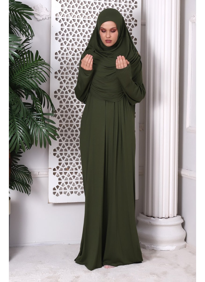 İhvan Online One Piece Practical Prayer Dress with Headscarf and Robe 8015 Khaki  - Image 4