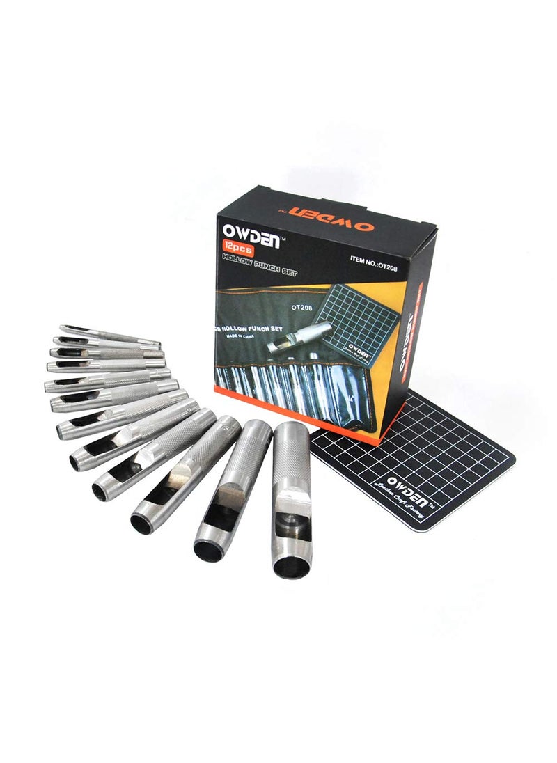 OWDEN OWDEN 12Piece Leather Hole Punch Set with a Free Cutting mat,Leather Tool,Leather Hollow Punch Set, Round Hole Punch Set,Cut Leather Rubber Paper Soft Material  - Image 1