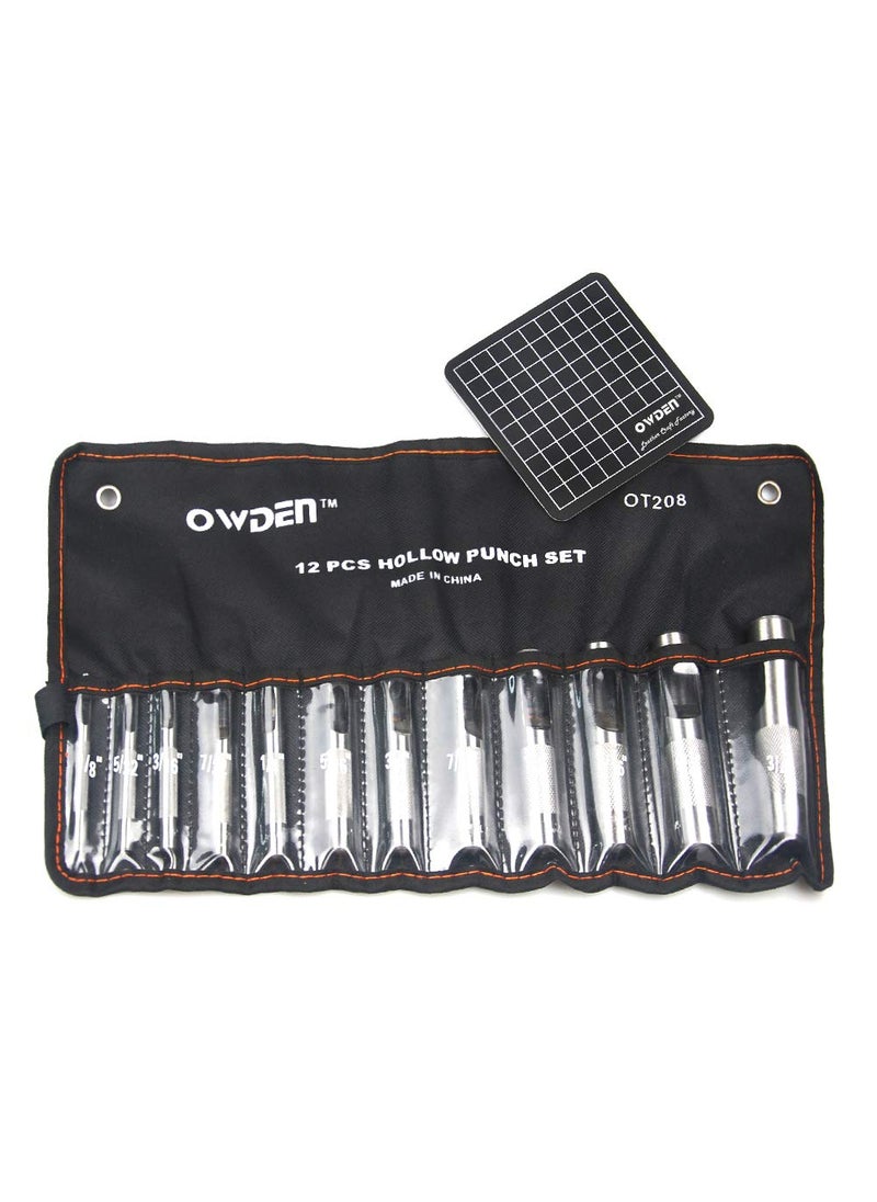 OWDEN OWDEN 12Piece Leather Hole Punch Set with a Free Cutting mat,Leather Tool,Leather Hollow Punch Set, Round Hole Punch Set,Cut Leather Rubber Paper Soft Material  - Image 2