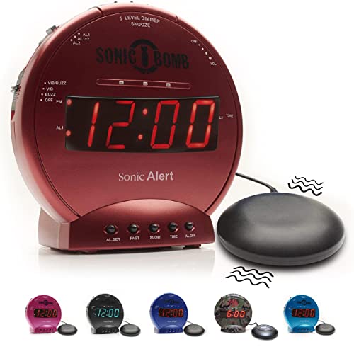Sonic Alert Sonic Bomb Dual Alarm Clock with Bed Shaker, Red Vibrating Alarm Clock Heavy Sleepers, Battery Backup | Wake with a Shake - Image 1