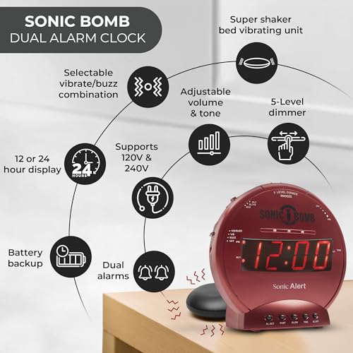Sonic Alert Sonic Bomb Dual Alarm Clock with Bed Shaker, Red Vibrating Alarm Clock Heavy Sleepers, Battery Backup | Wake with a Shake - Image 4