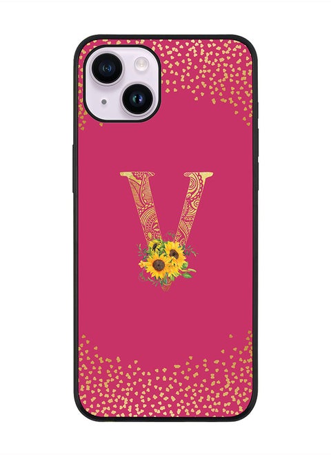 Rugged Black edge case for Apple iPhone 14 Plus, Soft Flexible Phone case Custom Monogram Initial Letter Mandala Floral Pattern Alphabet- V (Dark Pink Rose)