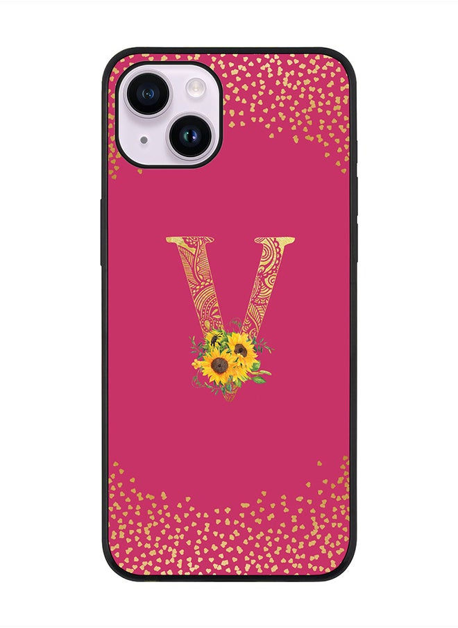 Stylizedd Rugged Black edge case for Apple iPhone 14 Plus, Soft Flexible Phone case Custom Monogram Initial Letter Mandala Floral Pattern Alphabet- V (Dark Pink Rose)  - Image 1