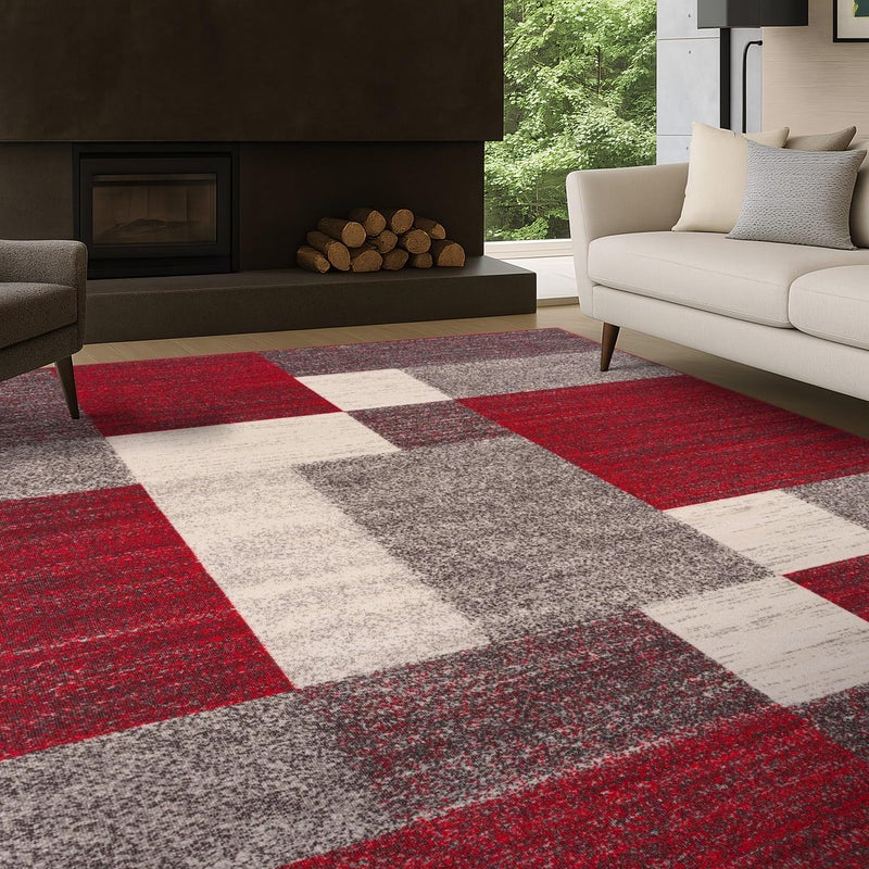 Rugshop Red Modern Geometric Boxes Non-Slip Area Rug Non-Shedding for Living Room, Bedroom and Dining Area, 5'3" x 7'3" - Image 1
