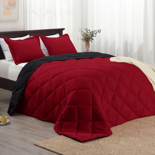 Basic Beyond Queen Comforter Set Red and Black Comforter Set Queen Size Reversible Bed Comforter Queen Bed Set for All Seasons 1 Comforter 88x92 and 2 Pillow Shams 20x262