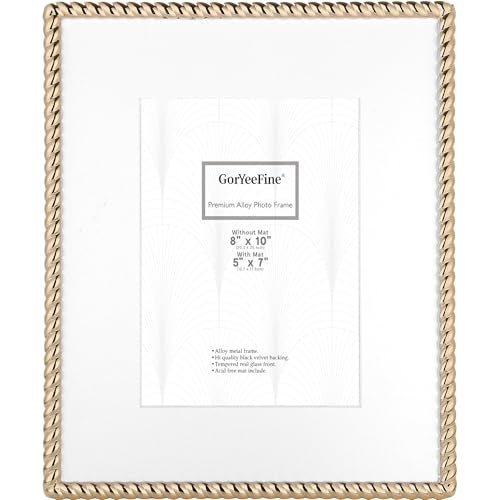 GorYeeFine High-End 8x10'' Gold Photo Frames with Acid Free Mat for 5x7''- Contemporary Rope Profile,Velvet Backing,Tempered Glass Front 5x7'' Picture Frames for Weddings and Home Décor - Image 1