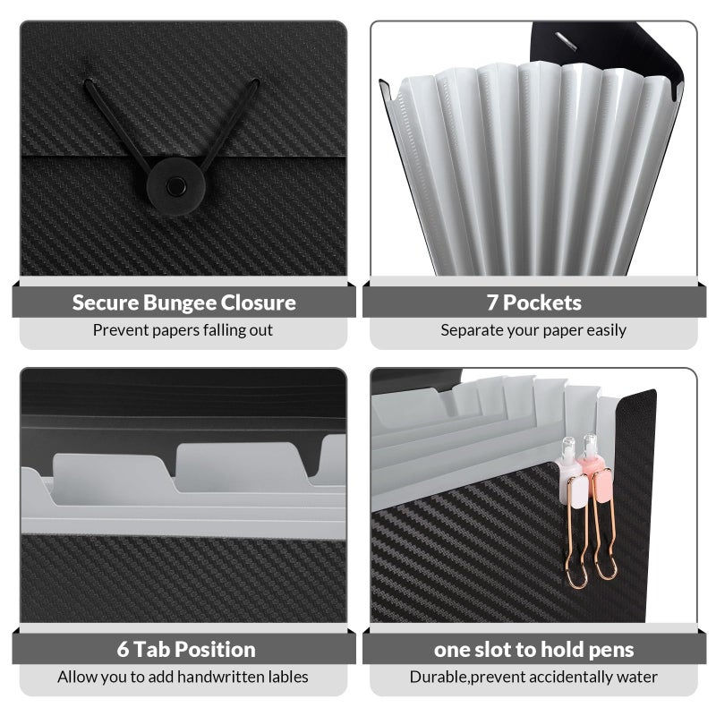 SKYDUE Expanding File Folder with 7 Pockets, Accordion File Organizer, Folders for Documents, Portable Receipt Paper Organizer, Letter Size Filing Folder School Office Supplies, Black - Image 4
