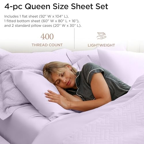 Threadmill Egyptian Cotton Queen Sheet Set | 100% Certified Egyptian Cotton Sheets for Queen Size Bed | Queen Bed Sheets Set with Snug Fit 16" Deep Pocket | Soft Cooling Sateen Bedding Set | Lilac - Image 2