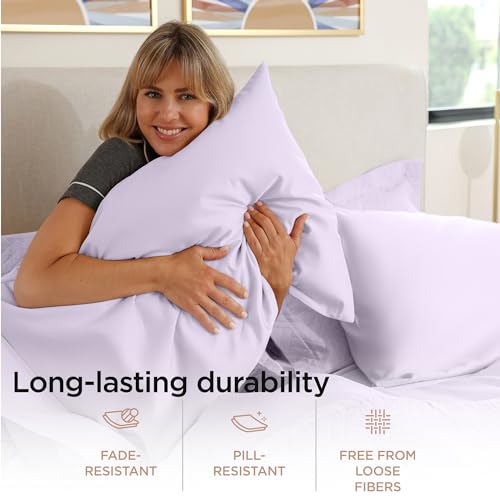 Threadmill Egyptian Cotton Queen Sheet Set | 100% Certified Egyptian Cotton Sheets for Queen Size Bed | Queen Bed Sheets Set with Snug Fit 16" Deep Pocket | Soft Cooling Sateen Bedding Set | Lilac - Image 4