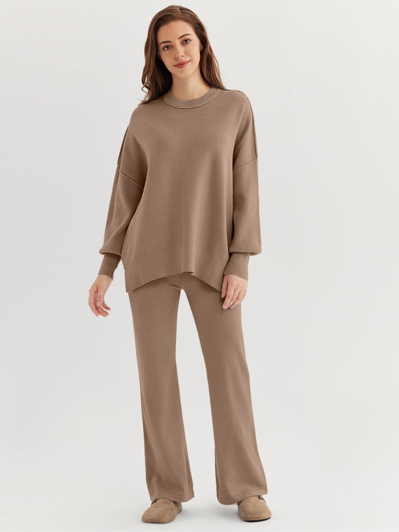 LILLUSORY Lounge Sets For Women 2 Two Piece Outfits 2025 Fall Winter Airport Trendy Matching knit Sweat Suit Sweaters Pants Sweatsuit Loungewear Cute Travel Fashion Clothes Dark Apricot M - Image 2