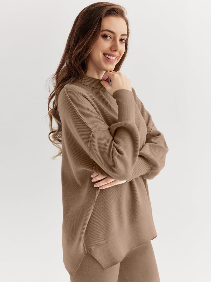 LILLUSORY Lounge Sets For Women 2 Two Piece Outfits 2025 Fall Winter Airport Trendy Matching knit Sweat Suit Sweaters Pants Sweatsuit Loungewear Cute Travel Fashion Clothes Dark Apricot M - Image 3