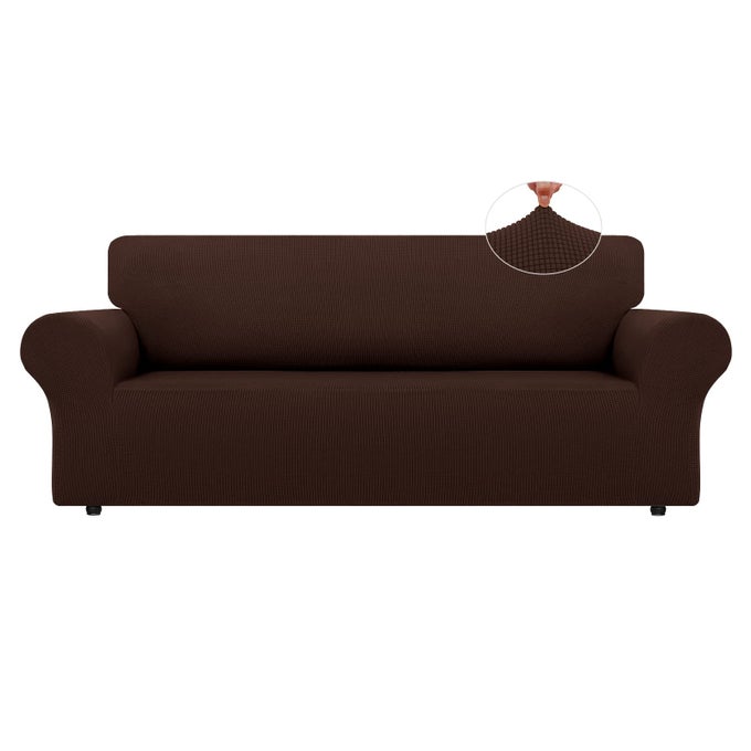 STRETCH SOFA SLIPCOVERS 1 PIECE COUCH COVERS FOR 3 CUSHION COUCH SOFA FURNITURE PROTECTOR FULL SOFA COVERS WITH ELASTIC BOTTOM FOR KIDS AND DOG LARGE CHOCOLATE