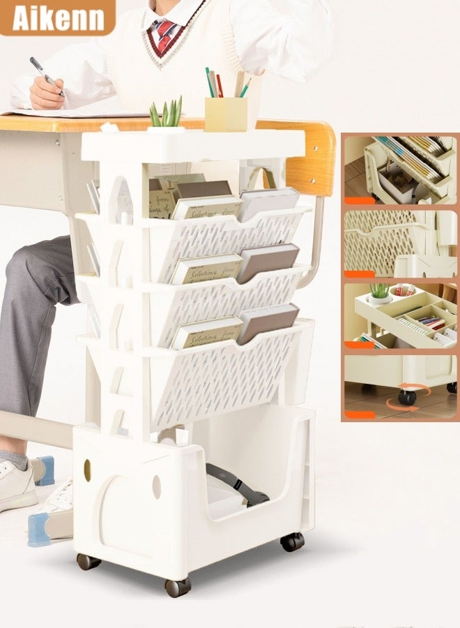 Aikenn 5-Tier Bookshelf Tableside Bookshelf Rolling Utility Cart Multifunctional Movable Storage Bookshelf Removable Storage Rack Lockable Casters Easy To Move Suitable For Study Office Kitchen Living Room Classroom (White)  - Image 1