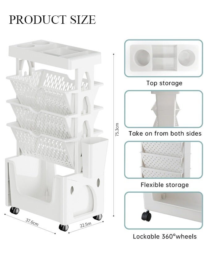Aikenn 5-Tier Bookshelf Tableside Bookshelf Rolling Utility Cart Multifunctional Movable Storage Bookshelf Removable Storage Rack Lockable Casters Easy To Move Suitable For Study Office Kitchen Living Room Classroom (White)  - Image 2