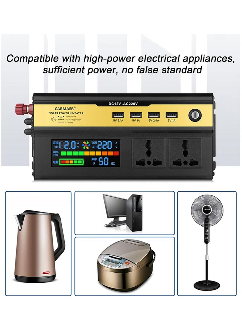 1200W Car Power Inverter/Plug Adapter, DC 12V to 220V AC, 4 USB Ports Charger Adapter Car Plug Converter with Switch and Current LED Screen