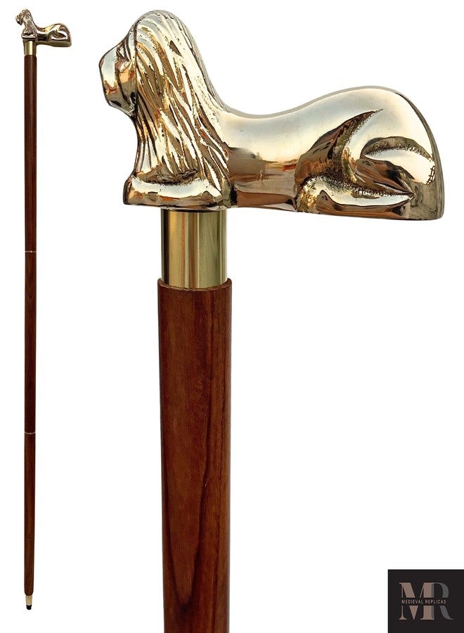 Medieval Replicas 36" Brown Wooden Walking Stick - Wood Cane with Gold Lion Brass Handle - Unique Vintage Look Decorative Gentleman Walking Sticks and Canes - Image 1