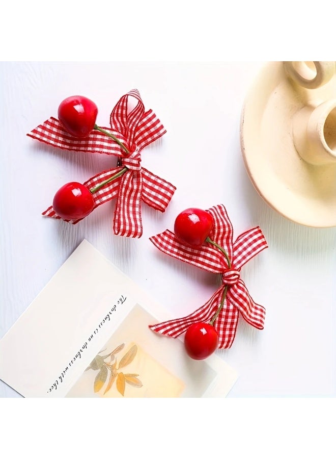 Goolsky 2pcs Cute Cherry Hairpins with Red & White Gingham Bows - Perfect for Sweet Style, Fabric Material, Rectangular Shape, Ideal for Stylish Hair Accessories, Stylish Hair Accessories | Gingham Pattern | Fabric Hairpin, Cherry Hair Accessories - Image 2