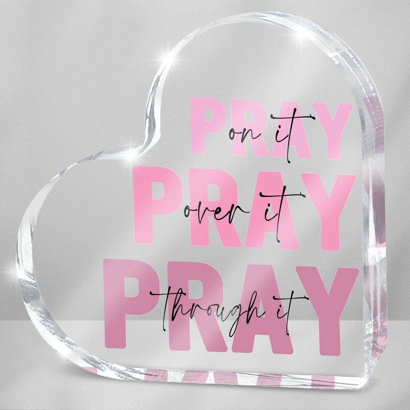 zaxek Pink Christian Gifts for Women, Pink Bedroom Decor, Pray On it Pray Over it Through it Acrylic Sign Decorative for Home Pastor Farmhouse Living Room Church Table Desk Bookshelf, Valentines Day Decor - Image 1