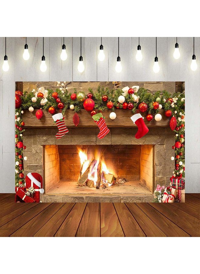 Mocsicka 7x5ft Christmas Fireplace Backdrop - Red Sock Photography Background for Winter Holiday Family Christmas Party Wall Decorations  - Image 1