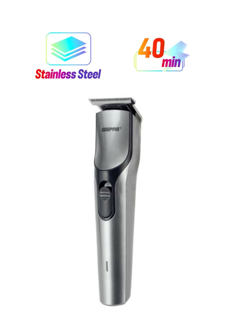 GEEPAS Geepas Rechargeable Hair Trimmer , Cordless Hair and Beard Trimmer with High Capacity Battery,Includes 4 Comb Attachments,Precision Stainless Steel Blade for Constant Cutting, Metallic Grey/Black  - Image 1