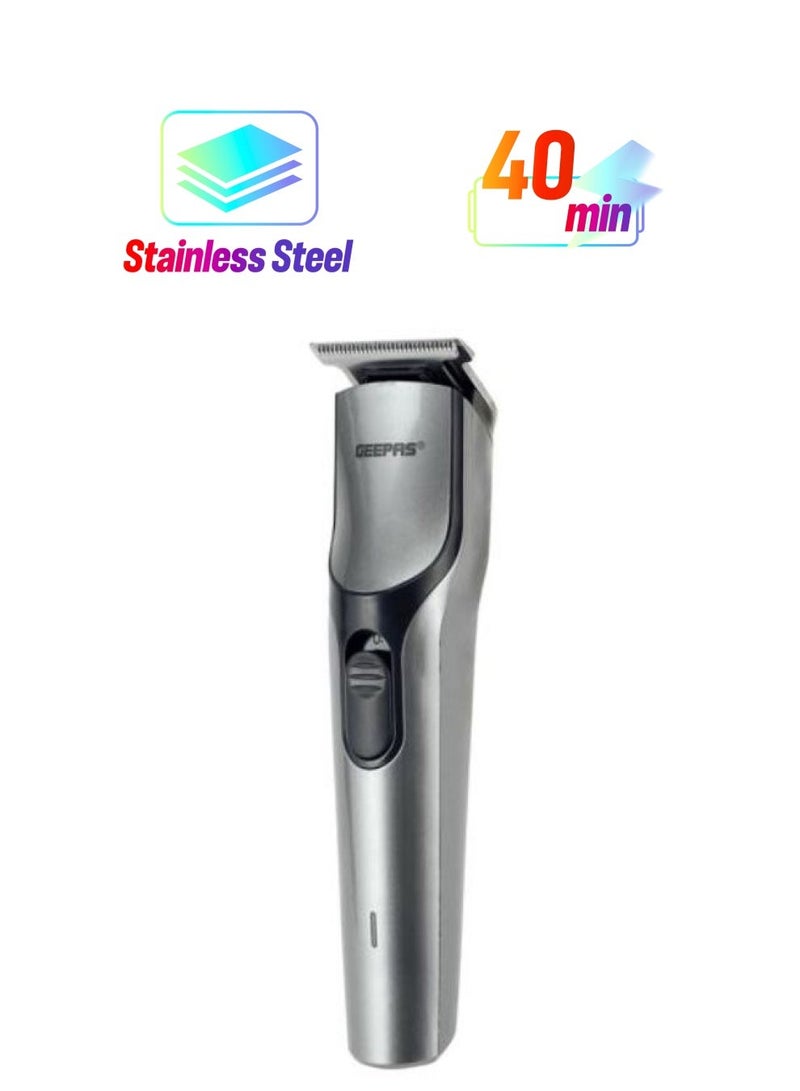 Geepas Rechargeable Hair Trimmer , Cordless Hair and Beard Trimmer with High Capacity Battery,Includes 4 Comb Attachments,Precision Stainless Steel Blade for Constant Cutting, Metallic Grey/Black - Image 2
